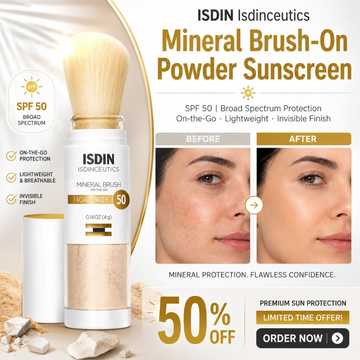 ISDIN Mineral Brush-On Powder Sunscreen SPF 50 – On-the-Go, Lightweight, Invisible Finish – Broad Spectrum Protection – Mineral Formula, Easy Brush Application – Controls Shine, No White Cast