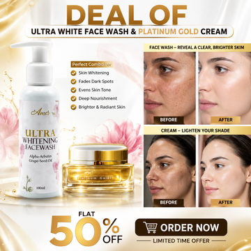 Ultra White Face Wash & Platinum Gold Cream Duo – 50% OFF – Skin Whitening, Fades Dark Spots & Evens Skin Tone – With Alpha-Arbutin & Grape-Seed Oil – Deep Nourishment, Brighter & Radiant Skin