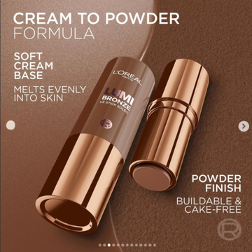 L'Oréal Lumi Bronze Le Stick Soleil Bronzer Stick | Cream-to-Powder Bronzer for Sun-Kissed Glow & Effortless Sculpting